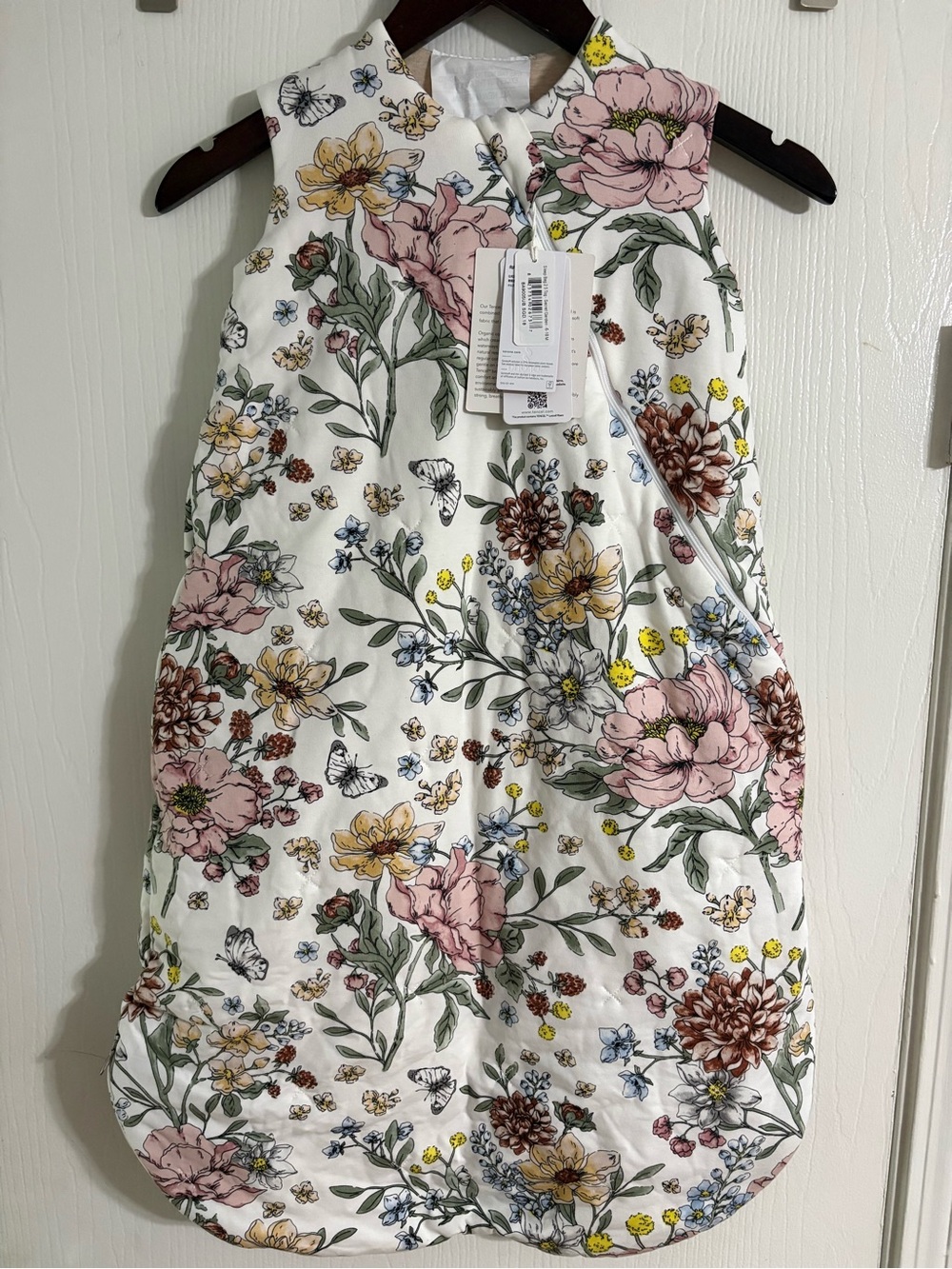 Floral Cotton Sleep Sack in White with Pink & Yellow Flowers